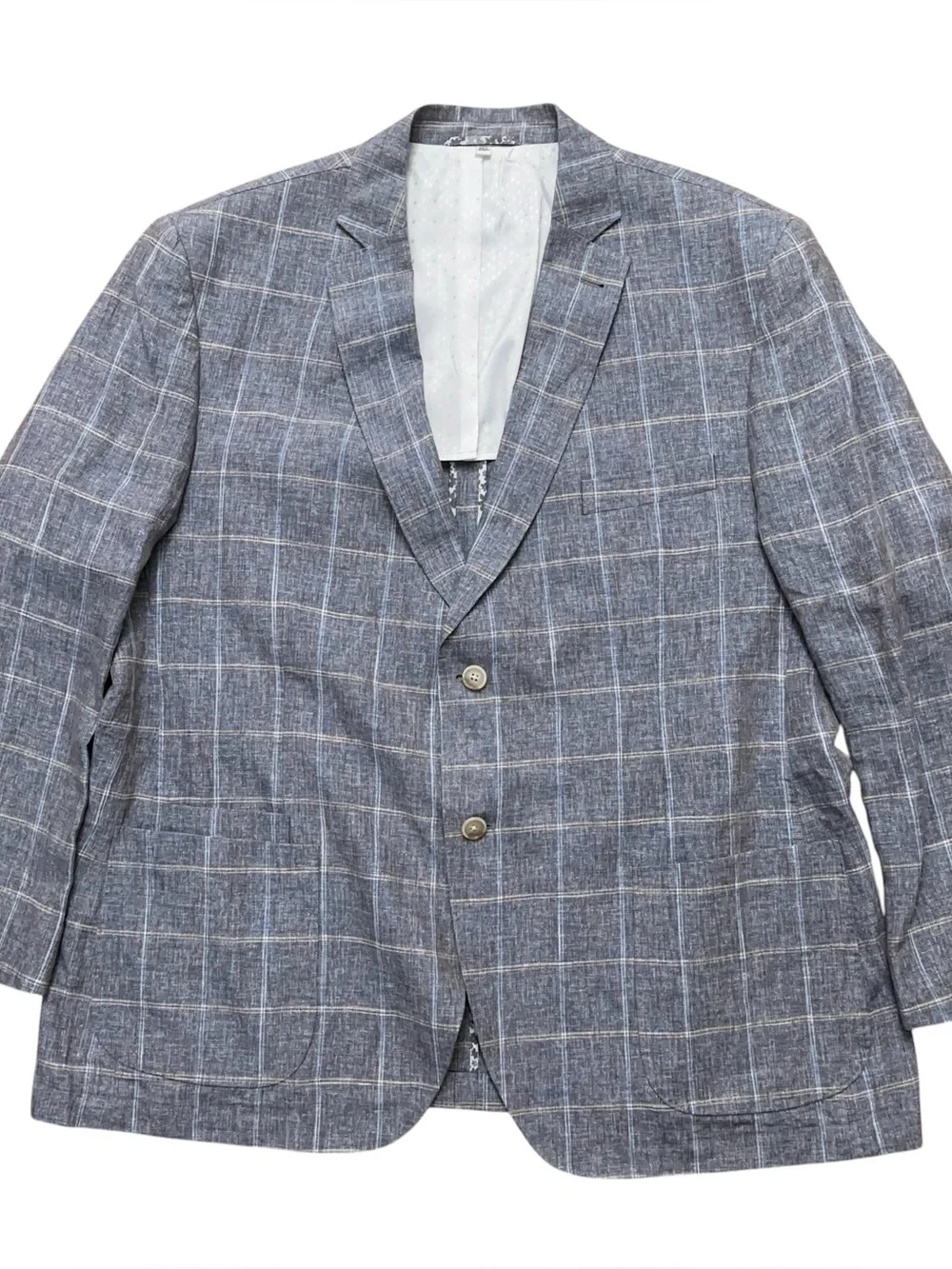 JKT New York Blazer Jacket Mens Size 48R Trent 100% Linen 1/2 Lined Plaid Gray